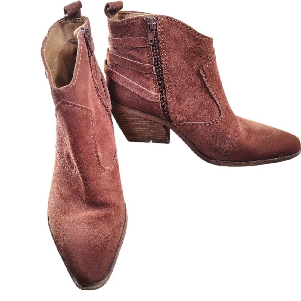 Zodiac Dacey Chestnut Suede Ankle Boots Women’s 7.5 Western Buckle Strap Side Zi - Picture 2 of 12